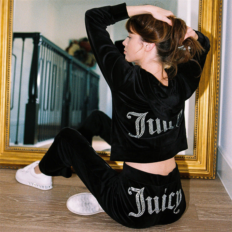 Y2K Rhinestone Velour Tracksuit 2 Piece Matching Set