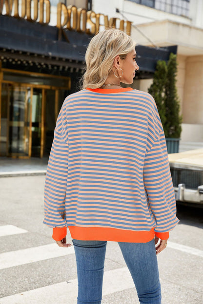 Striped Color Block Crew Neck Loose Fit Long Sleeve Sweatshirt