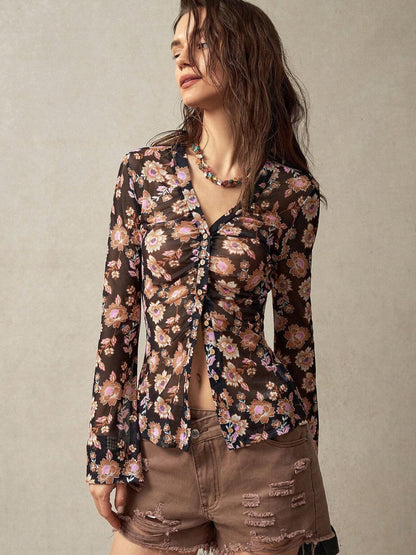 Vintage Floral Print V Neck Button Front Slim Fit Blouse