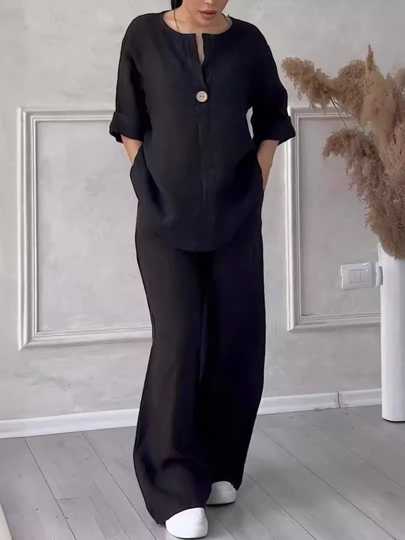 Womens Linen Two Piece Set Button Top Wide Leg Pants