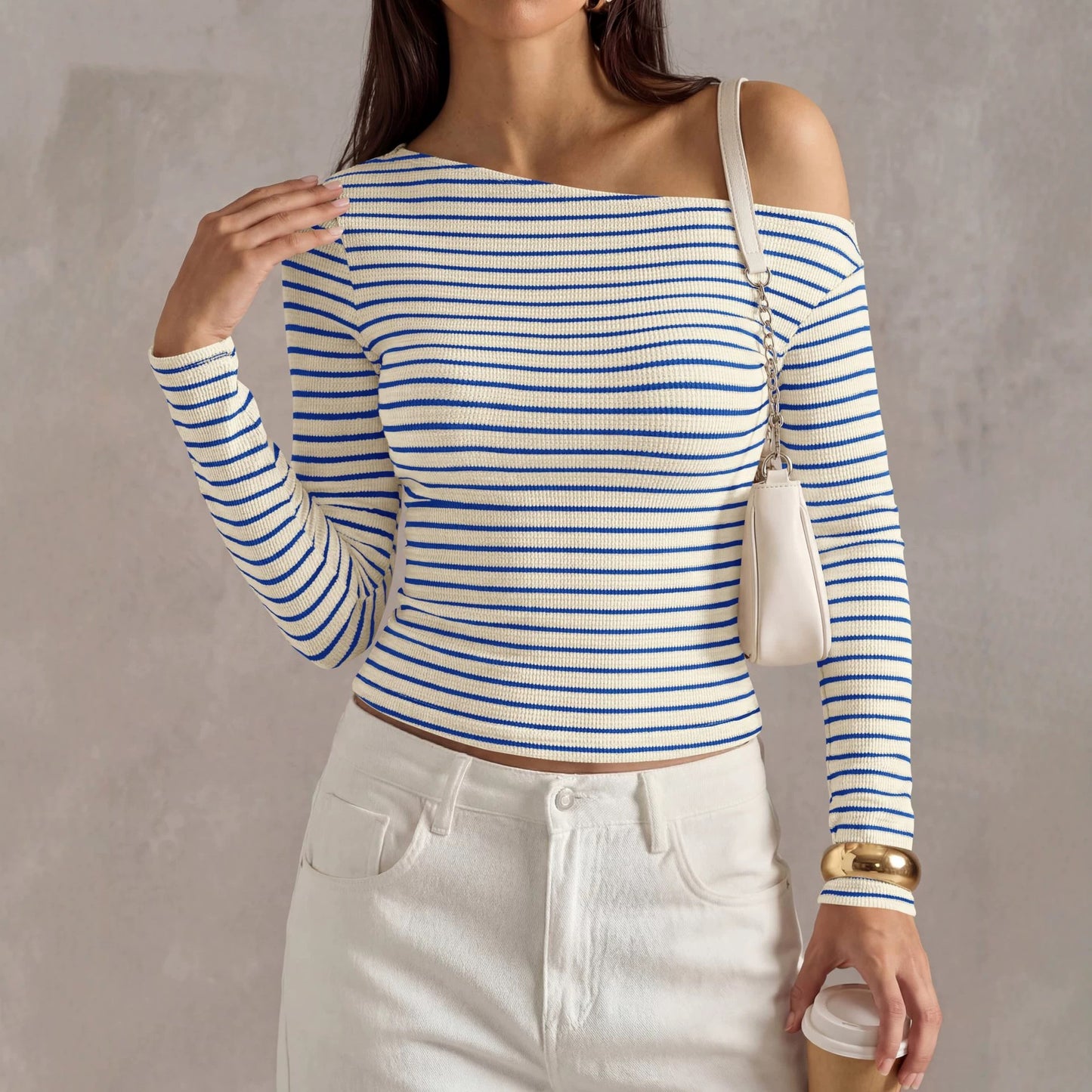 Off Shoulder Striped Long Sleeve Ribbed Knit Top Women