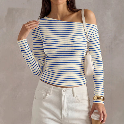 Off Shoulder Striped Long Sleeve Ribbed Knit Top Women