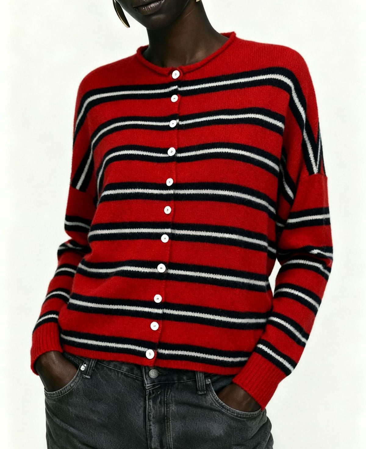 Women's Oversized Striped Button Front Knit Cardigan