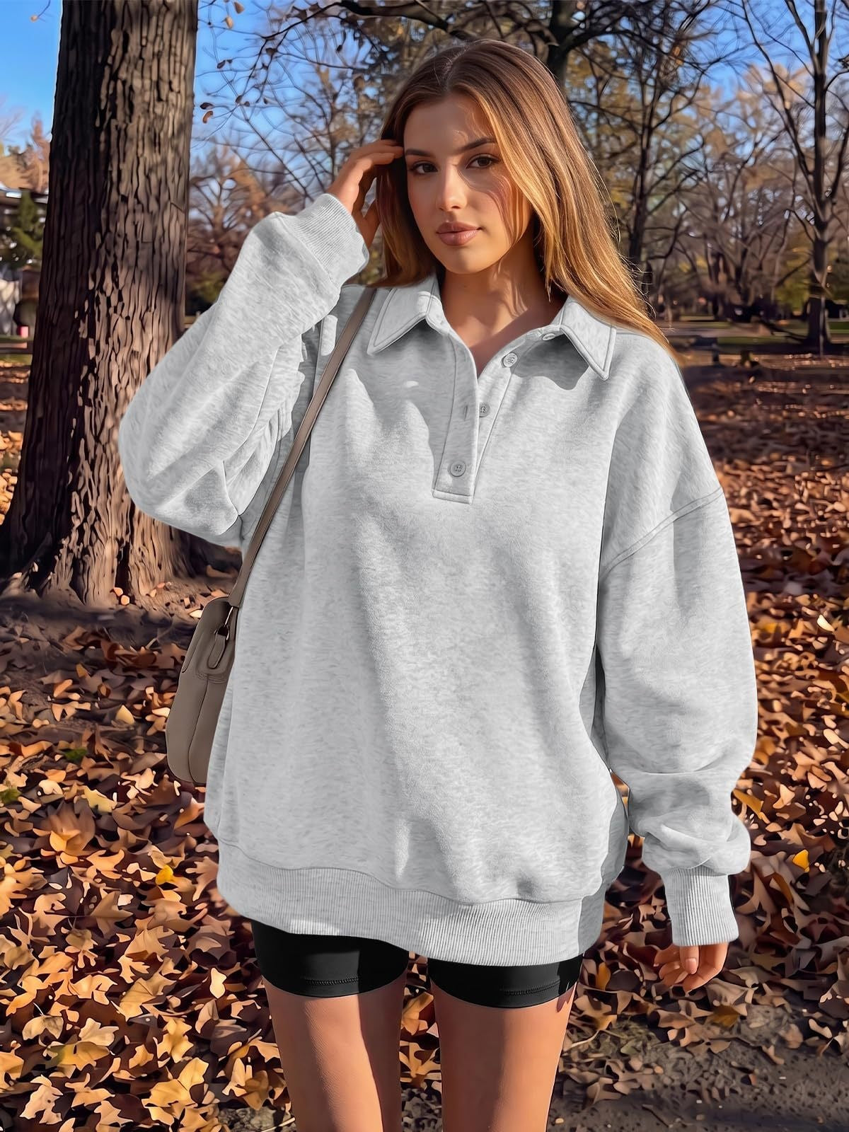 Polo Collar Fleece Pullover Relaxed Fit Sweatshirt
