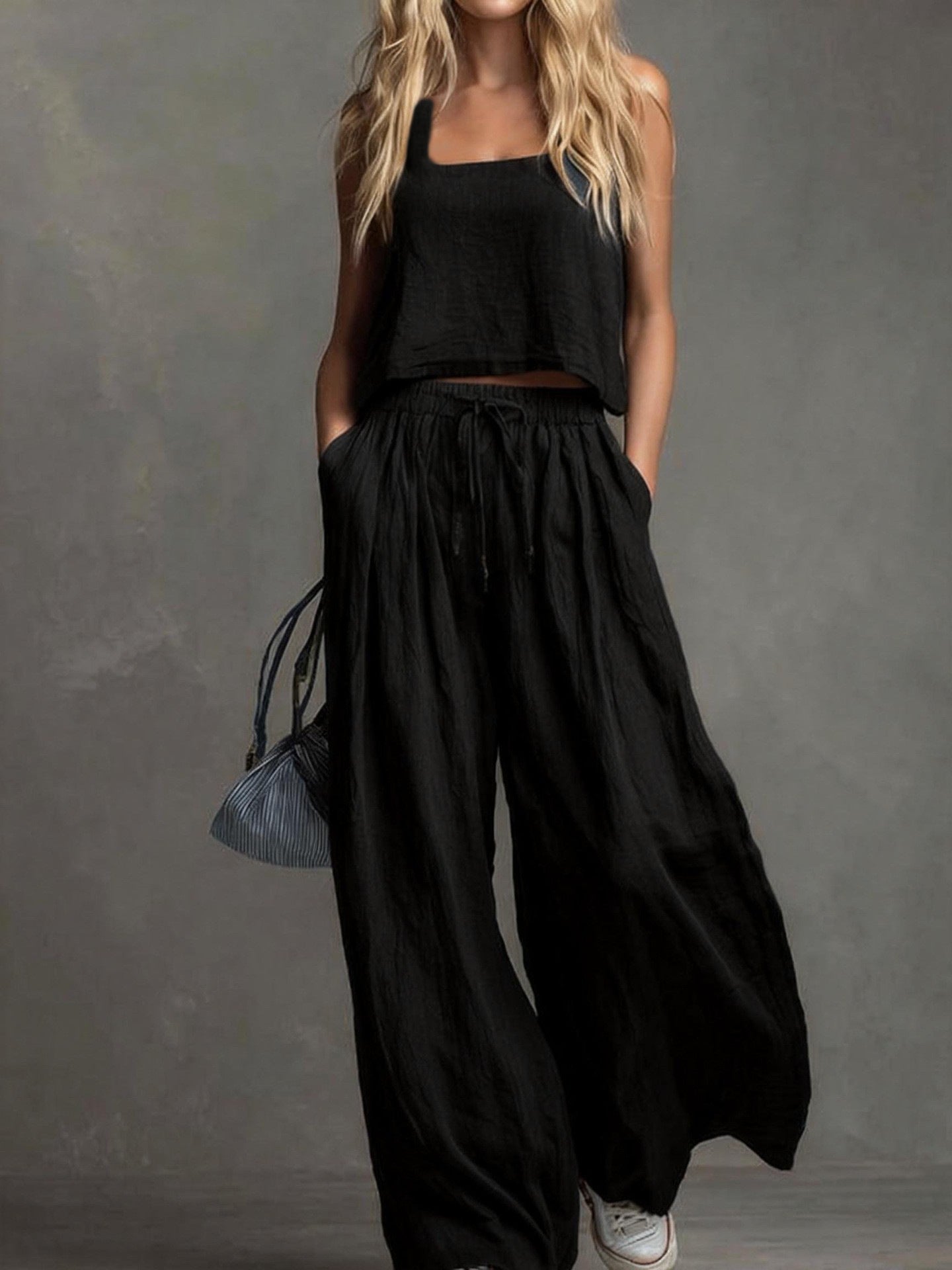 Women's Linen Look Matching Set Tank Wide Leg Pants