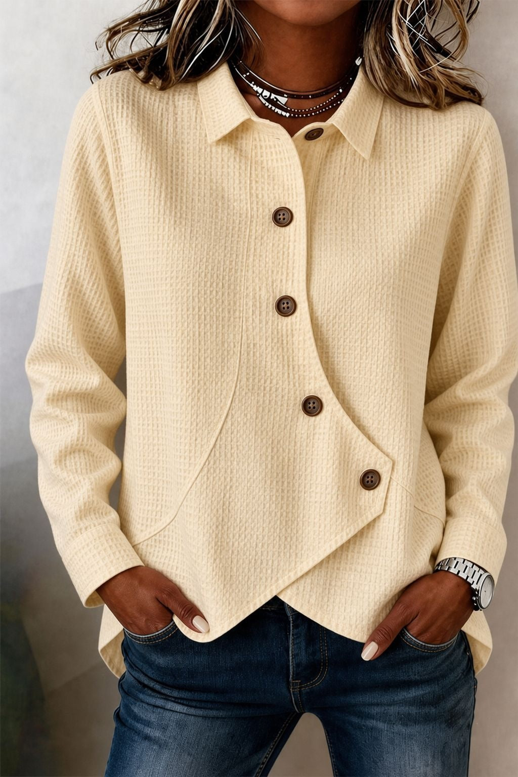 Women's Waffle Knit Button Down Collared Asymmetric Top