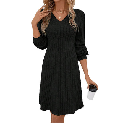 Women's V-Neck Ribbed Long Sleeve A-Line Midi Dress
