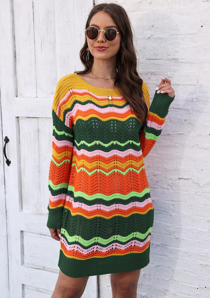 Women's Dress Rainbow Pattern Patchwork Striped Sweater Skirt