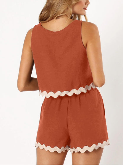 Linen Lace Two-Piece Set - Summer Crew Neck Vest & Shorts