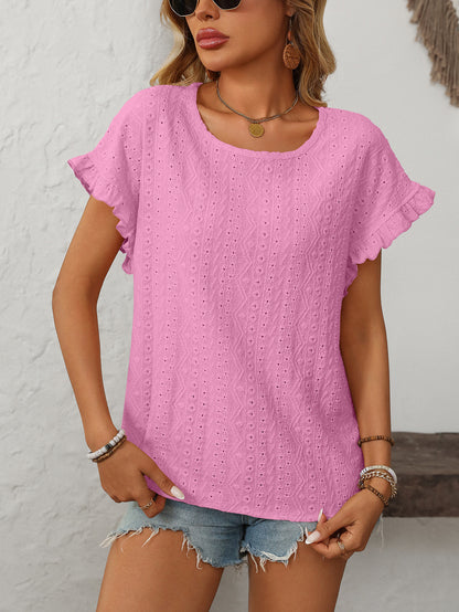Women’s Eyelet Knit Crewneck Ruffle Sleeve Summer Top