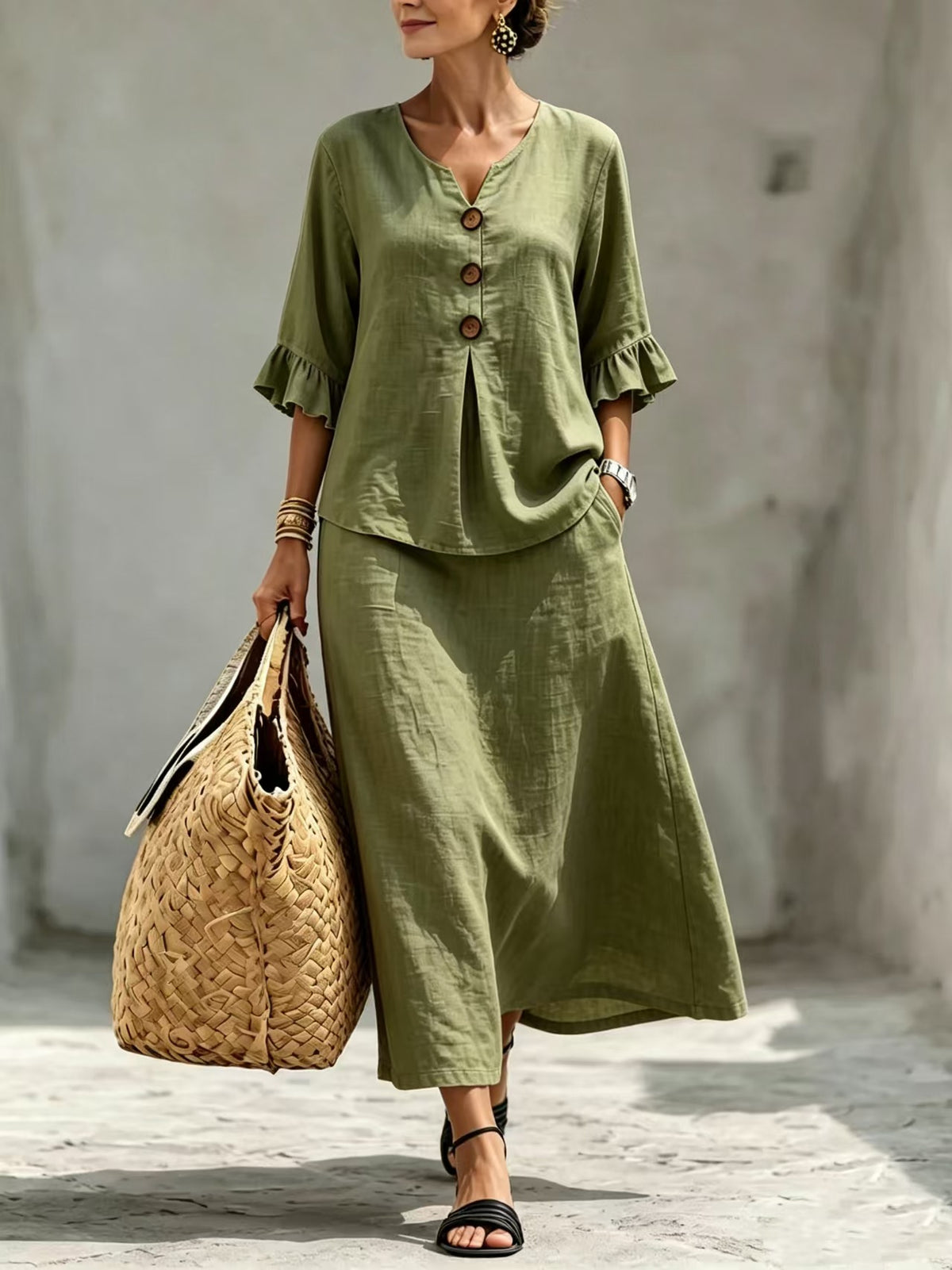Boho Button Front Flounce Sleeve Top Midi Skirt Set