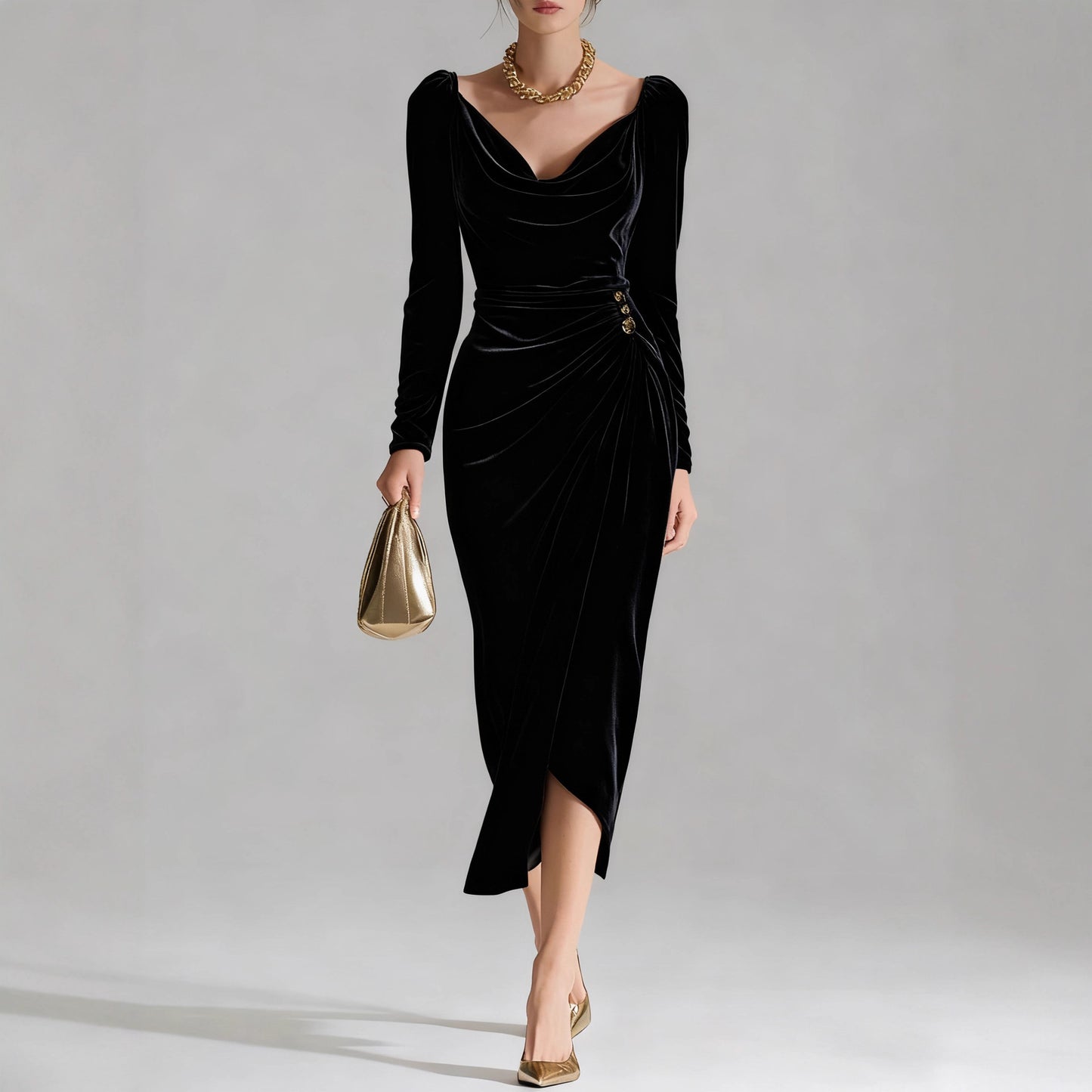 Sexy Velvet Ruched Long Sleeve Bodycon Midi Slit Dress