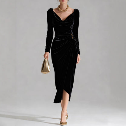 Sexy Velvet Ruched Long Sleeve Bodycon Midi Slit Dress