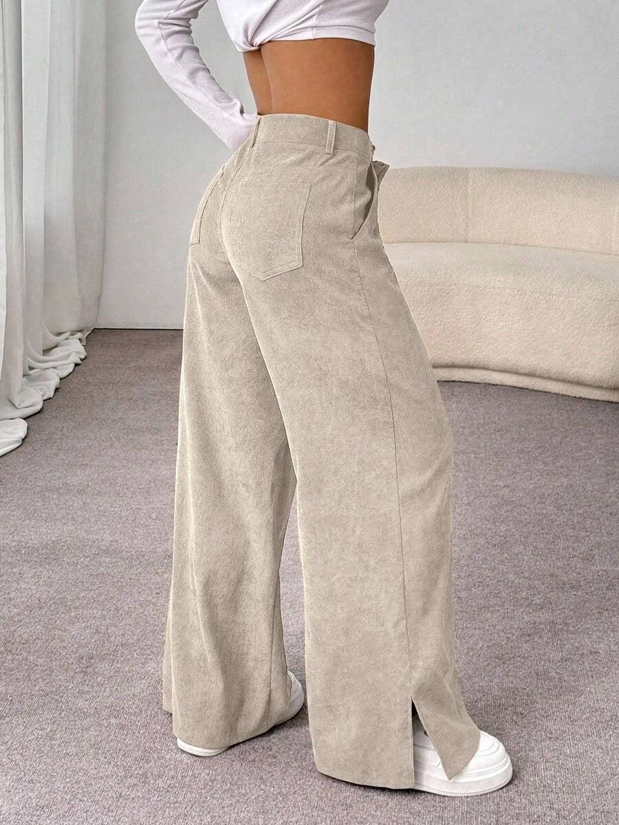 Women's Corduroy Wide Leg Pants Split Hem Casual Trousers