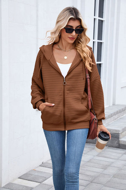 Quilted Zip Up Hooded Jacket Hoodie with Pockets