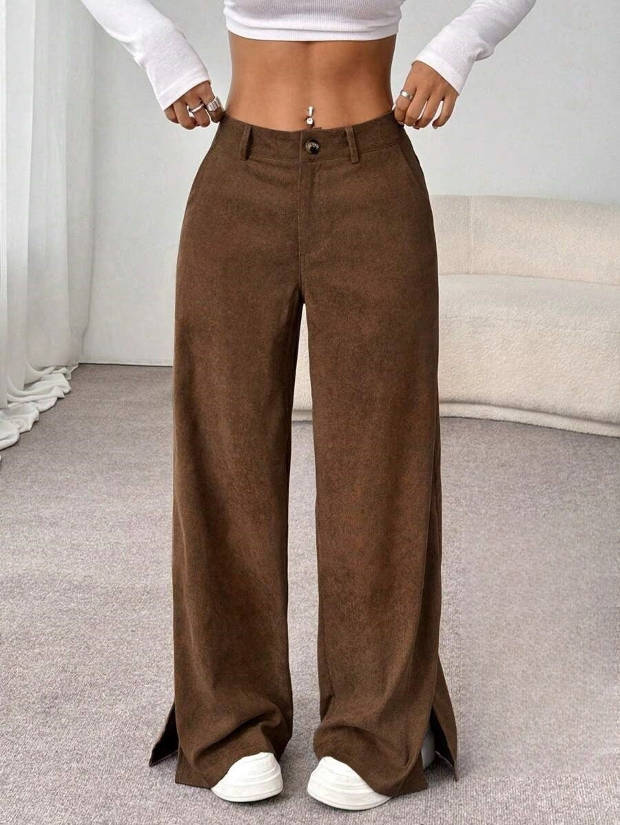 Women's Corduroy Wide Leg Pants Split Hem Pockets