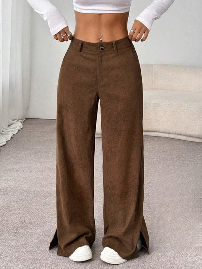 Women's Corduroy Wide Leg Pants Split Hem Pockets