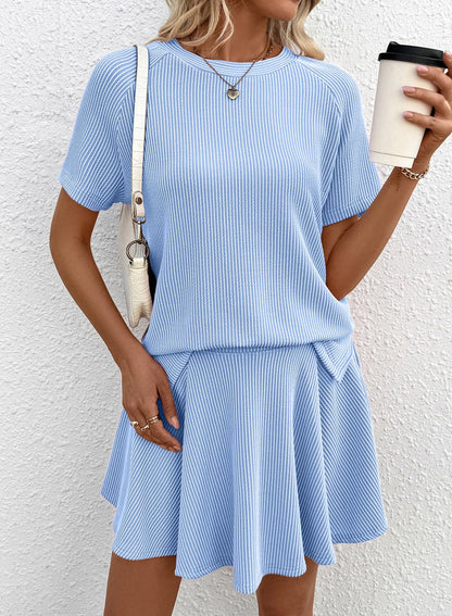 Ribbed Knit Skort Set Short Sleeve Top 2 Piece Outfit