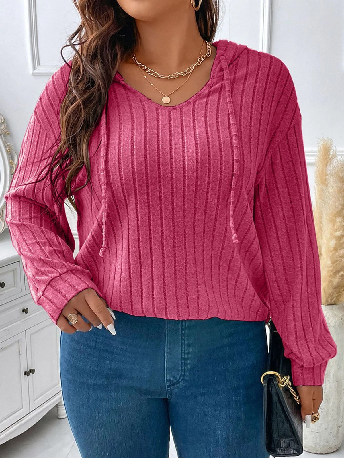 Plus Size Ribbed V Neck Hooded Long Sleeve Top