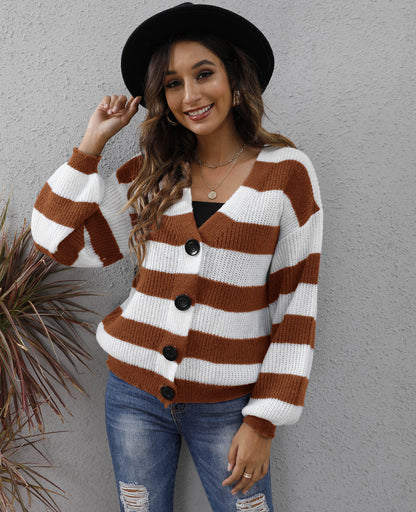 Women's Contrasting Striped Splicing Long Sleeve Button Cardigan Jacket