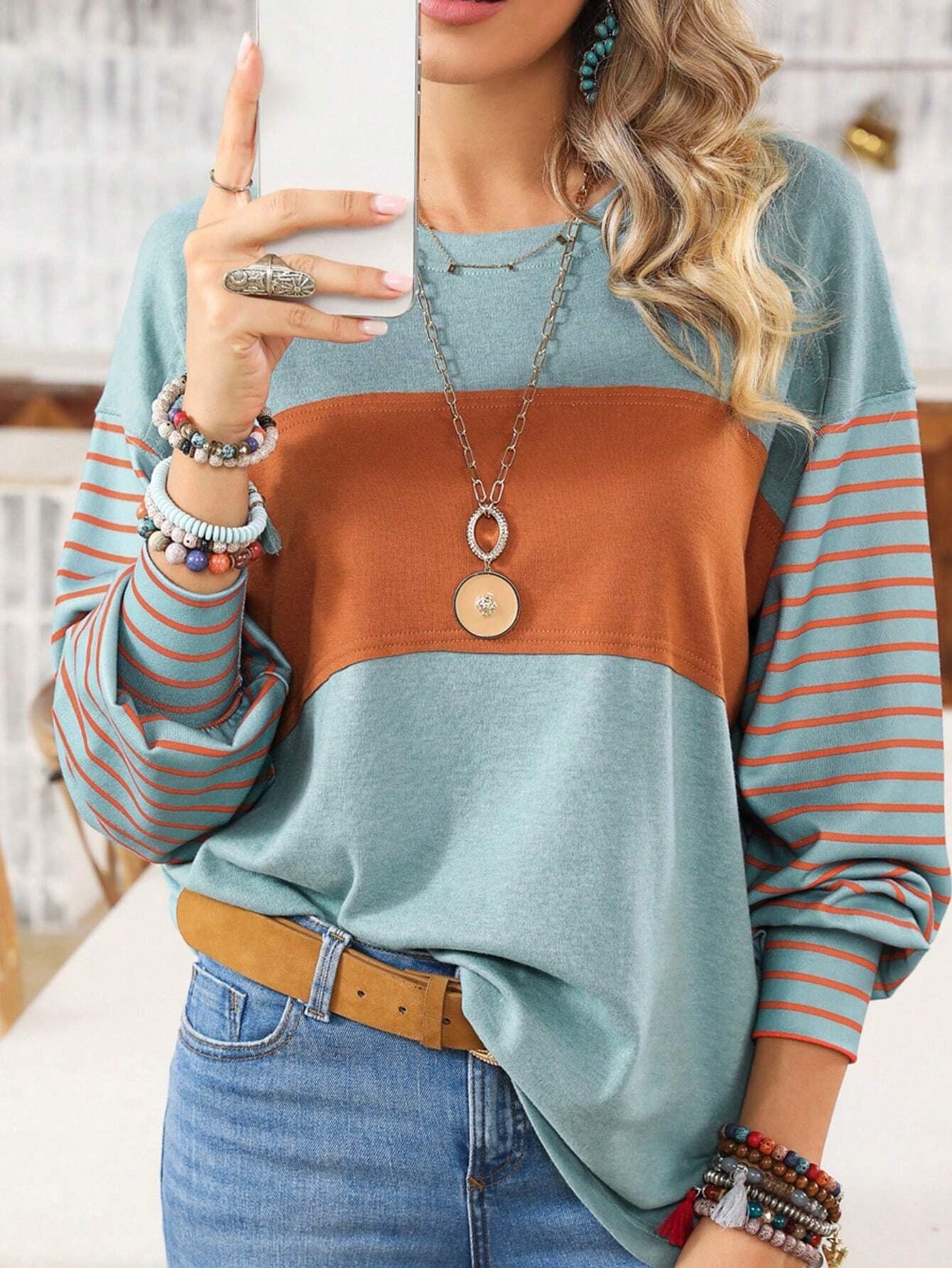 Round Neck Striped Contrast Long Sleeve Casual T-Shirt