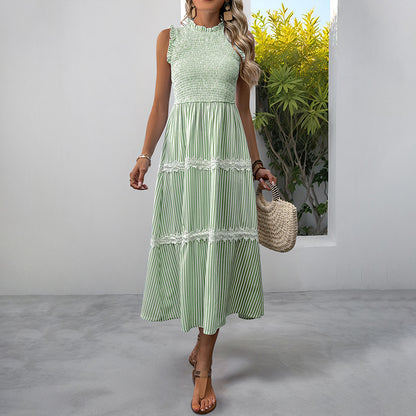 Sleeveless Striped Lace Midi Dress Ruffled A-Line Summer