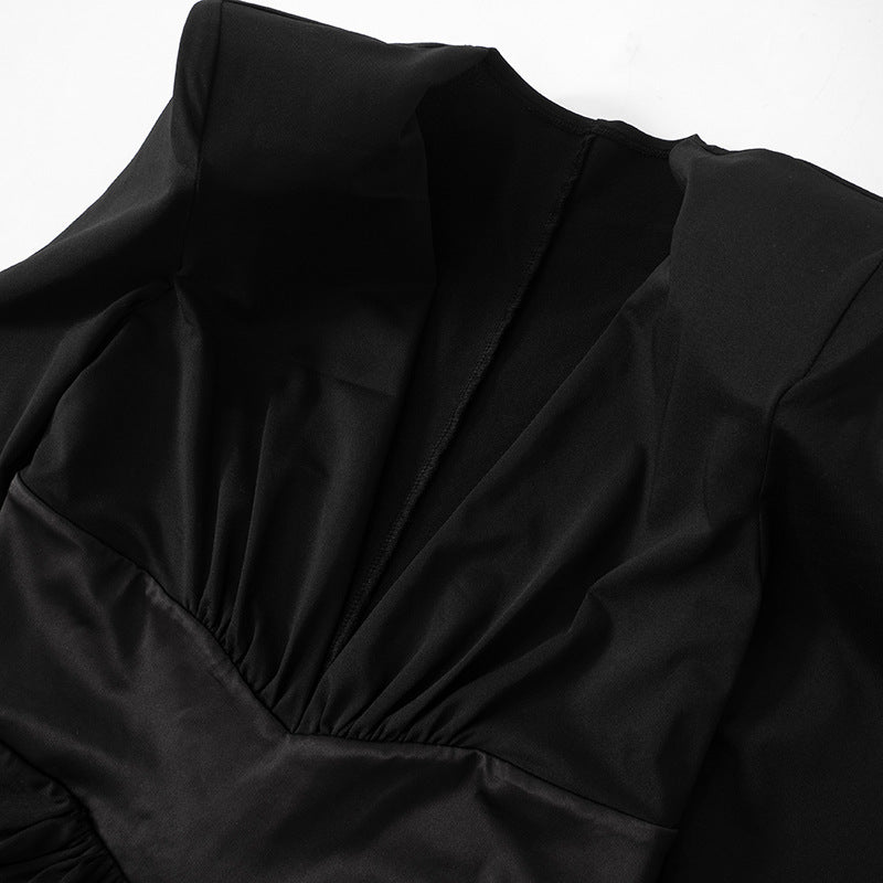 Black Sexy Deep V Long Sleeve High Slit Maxi Dress