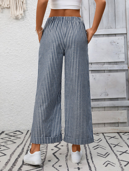 Striped High Waist Drawstring Wide Leg Summer Pants