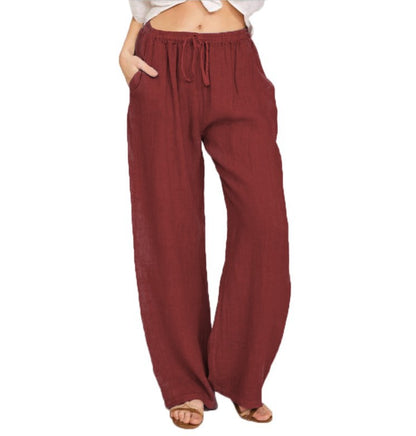 Womens Linen Wide Leg Pants High Waist Drawstring Casual