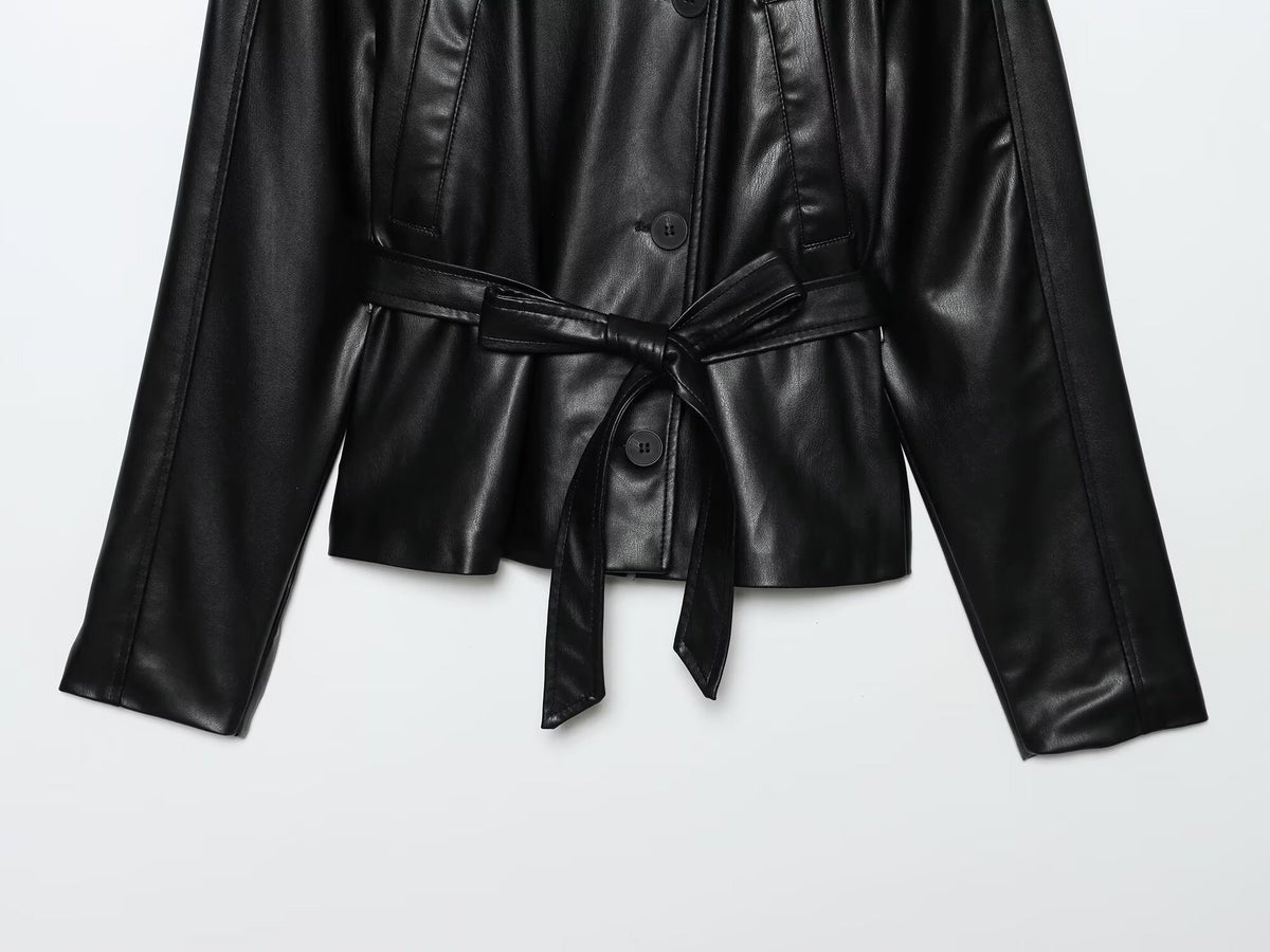 Women's Faux Leather Belted Cropped Lapel Jacket