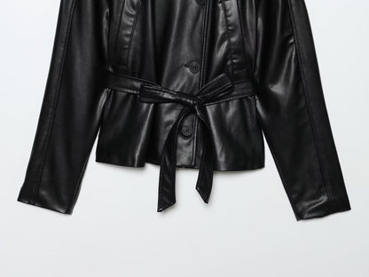 Women's Faux Leather Belted Cropped Lapel Jacket