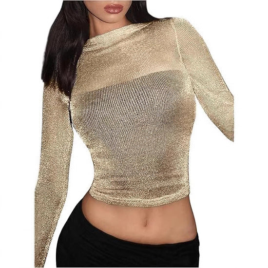 Sexy Sheer Mesh Long Sleeve Crop Top Metallic