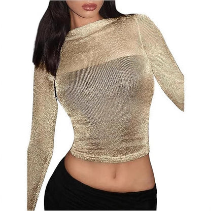 Sexy Sheer Mesh Long Sleeve Crop Top Metallic