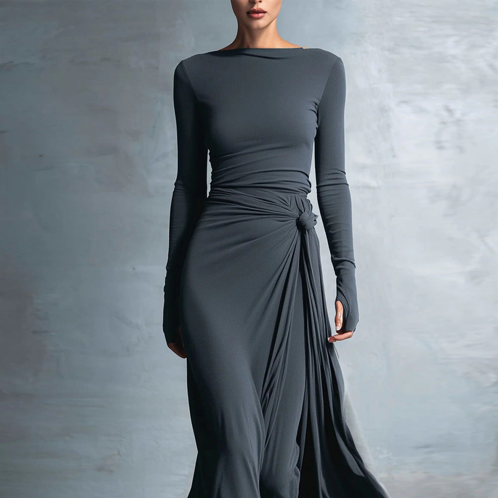 Women's Long Sleeve Knot Waist Maxi Dress A-Line