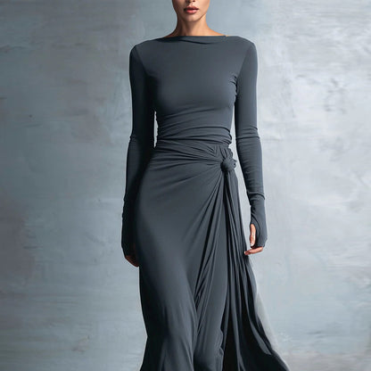 Women's Long Sleeve Knot Waist Maxi Dress A-Line