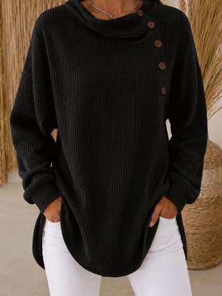 Women's Waffle Knit Cowl Neck Button Pullover Sweater