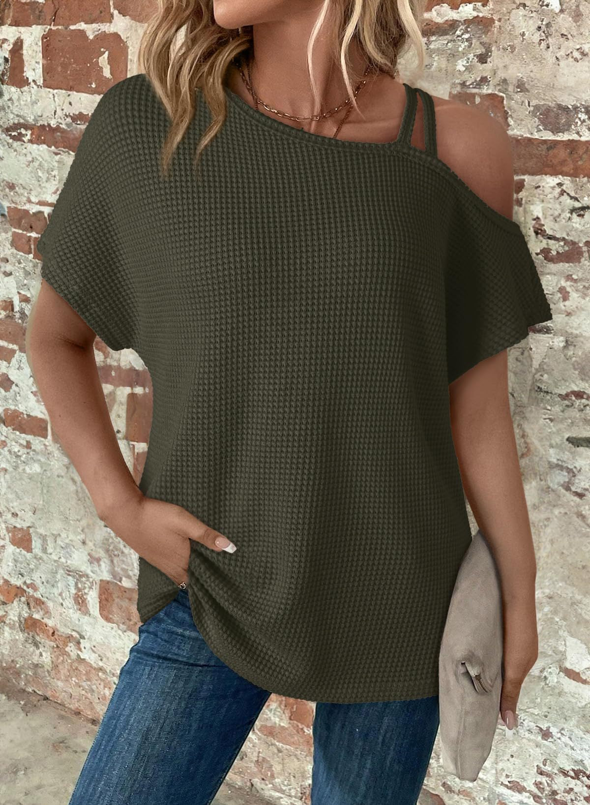 Women's Off-Shoulder Knit Top – Casual Summer Short Sleeve Blouse