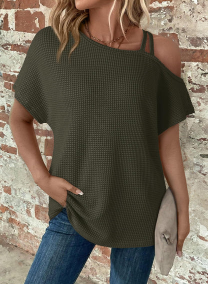 Women's Off-Shoulder Knit Top – Casual Summer Short Sleeve Blouse