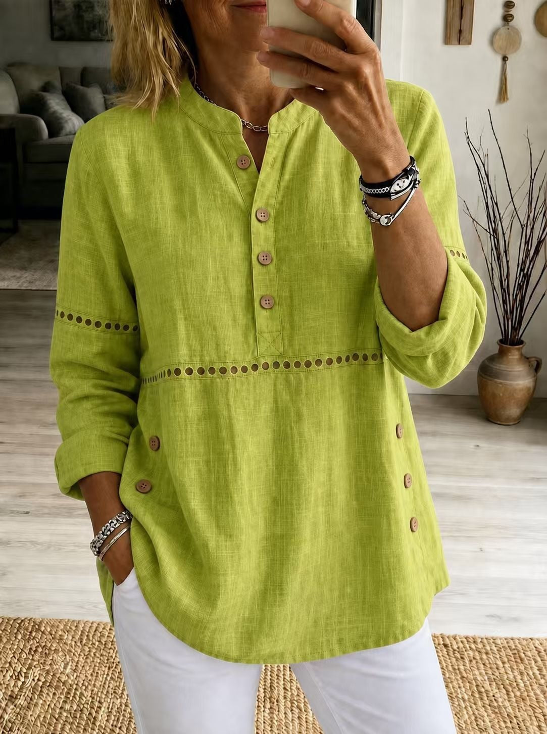 Women Cotton Eyelet Tunic Long Sleeve Side Button Loose Top