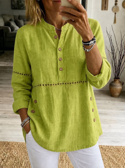 Women Cotton Eyelet Tunic Long Sleeve Side Button Loose Top