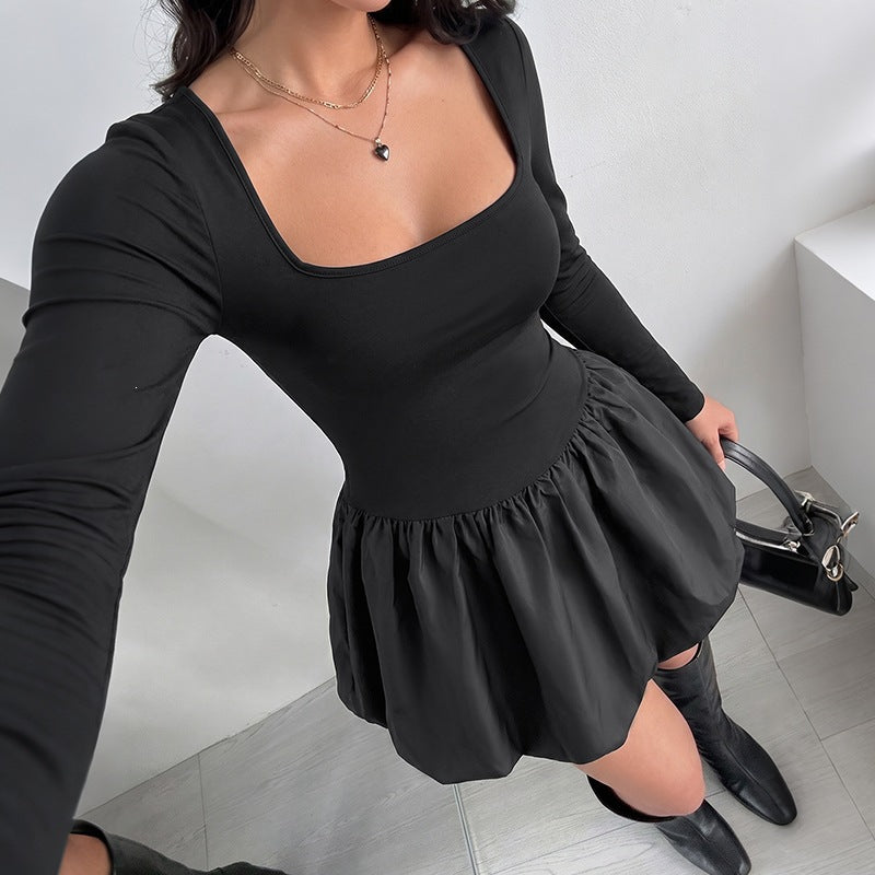 Solid Square Neck Bubble Hem Long Sleeve Mini Dress