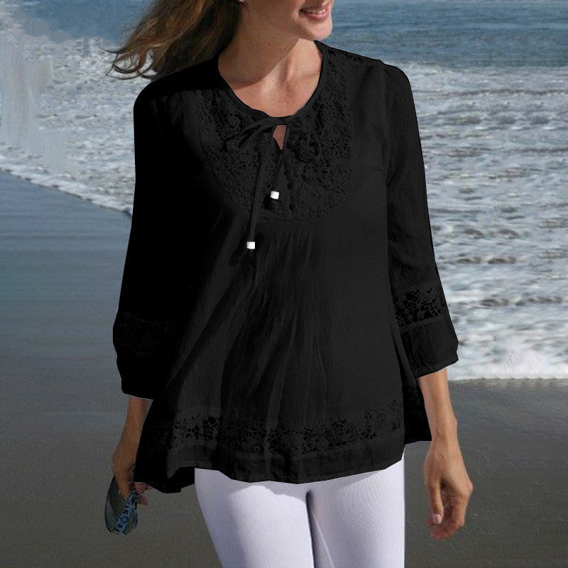 Women's Crochet Lace Peasant Blouse Cotton Linen 3/4 Sleeve