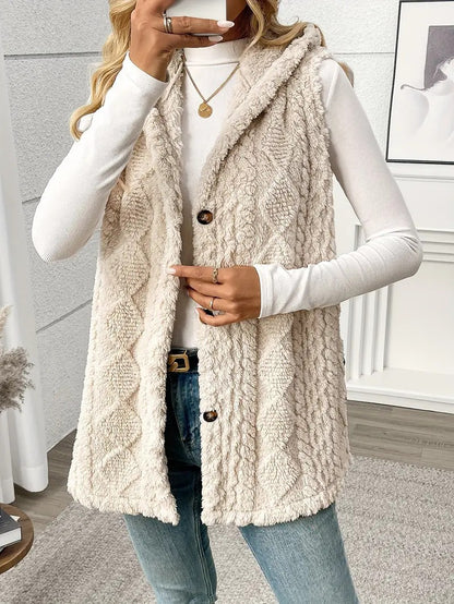 Women Sherpa Hooded Button Down Long Vest