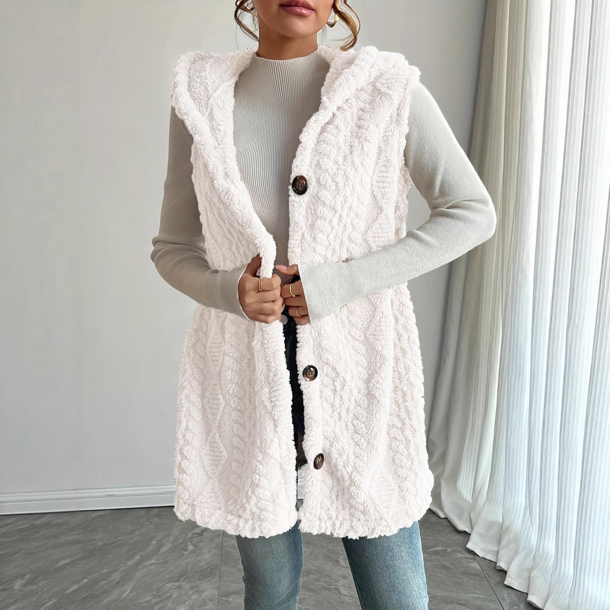 Women's Hooded Fleece Button Front Vest Cardigan