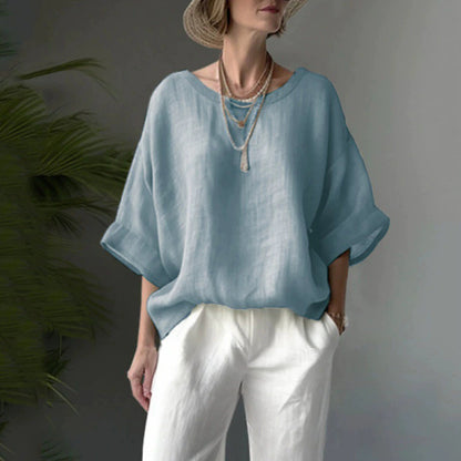 Oversized Linen Blend Drop Shoulder Boho Pullover Blouse