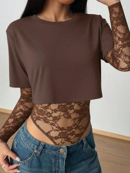 Lace Patchwork Bodysuit Top Women Sexy Crop Tee Shirt