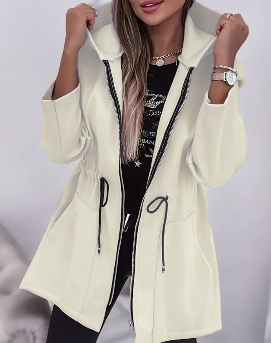 Women's Hooded Drawstring Waist Zip-Up Mid Length Jacket