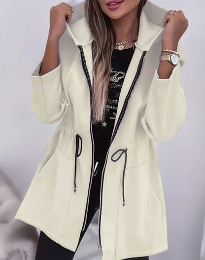 Women's Hooded Drawstring Waist Zip-Up Mid Length Jacket