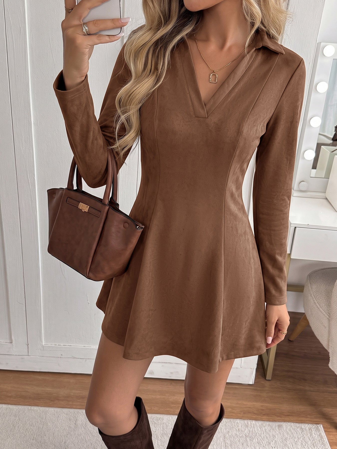 Faux Suede Collared Mini Dress Long Sleeve A-Line