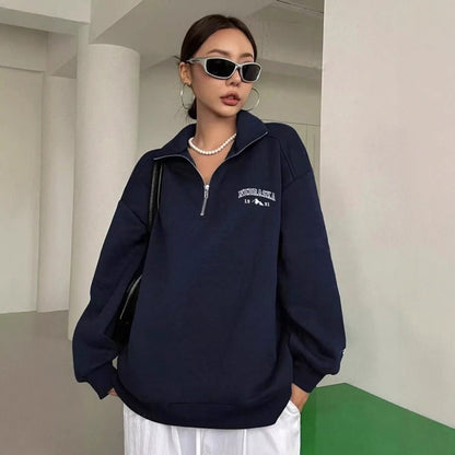 Women's Oversized Half Zip Embroidered Sweatshirt Pullover